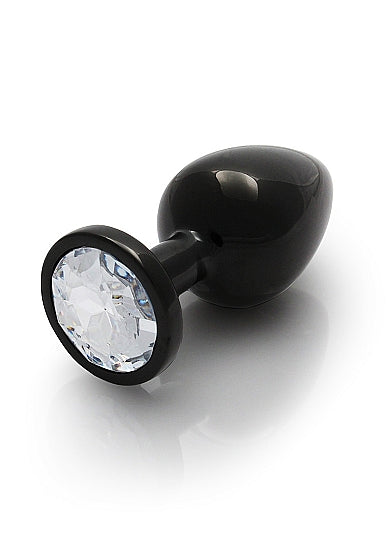 Round Gem Butt Plug Medium Gunmetal Diamond featuring a sleek polished aluminum body and sparkling acrylic diamond base.