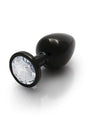 Round Gem Butt Plug Medium Gunmetal Diamond featuring a sleek polished aluminum body and sparkling acrylic diamond base.