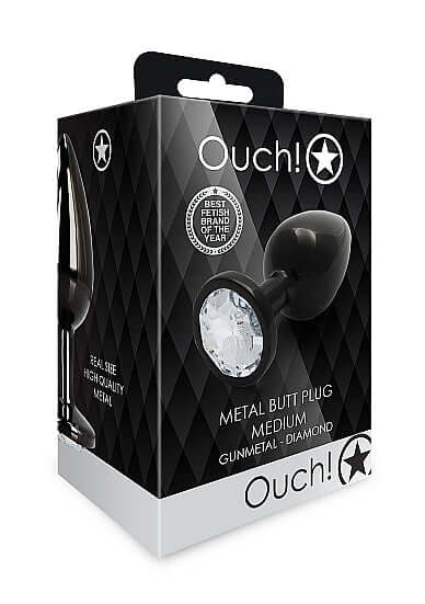 Round Gem Butt Plug Medium Gunmetal Diamond packaging showcasing its sleek design and sparkling faux diamond.