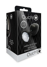Round Gem Butt Plug Medium Gunmetal Diamond packaging showcasing its sleek design and sparkling faux diamond.