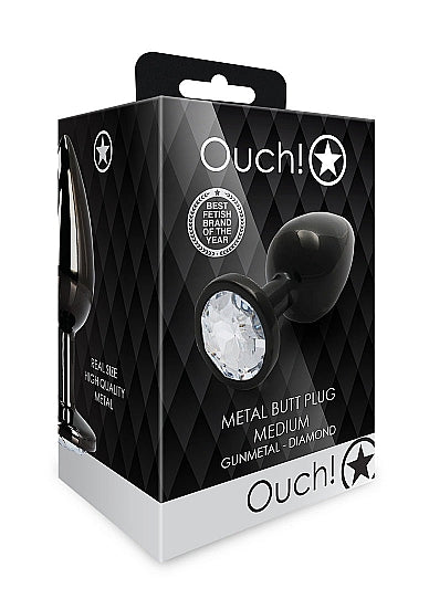 Round Gem Butt Plug Medium Gunmetal Diamond packaging showcasing its sleek design and sparkling faux diamond.