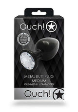 Round Gem Butt Plug Medium Gunmetal Diamond packaging with acrylic faux diamond design.