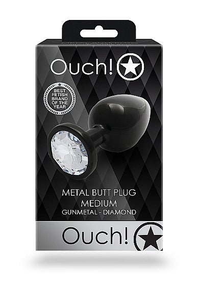 Round Gem Butt Plug Medium Gunmetal Diamond packaging with acrylic faux diamond design.