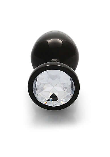 Round Gem Butt Plug Medium Gunmetal Diamond with shiny acrylic faux diamond base and polished aluminum body.