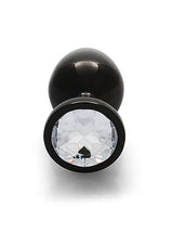 Round Gem Butt Plug Medium Gunmetal Diamond with shiny acrylic faux diamond base and polished aluminum body.