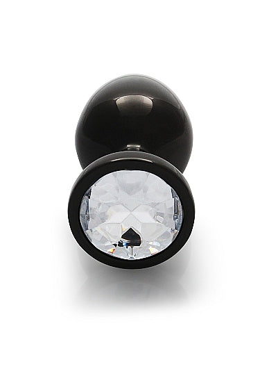 Round Gem Butt Plug Medium Gunmetal Diamond with shiny acrylic faux diamond base and polished aluminum body.