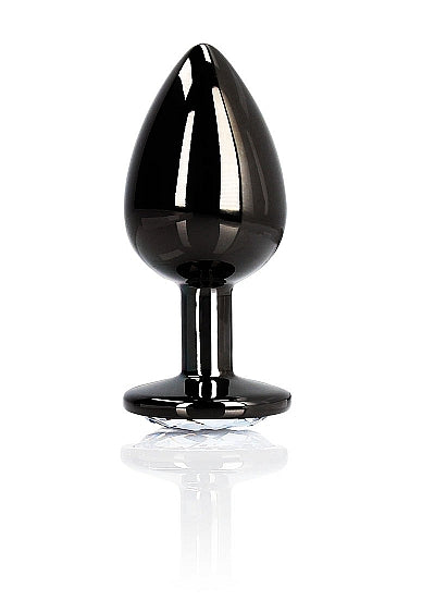 Round Gem Butt Plug Medium Gunmetal Diamond with a shiny black design and elegant silhouette.