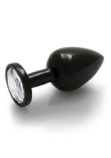 Round Gem Butt Plug Medium Gunmetal Diamond with sparkling acrylic faux diamond base and polished aluminum body.