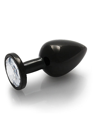 Round Gem Butt Plug Medium Gunmetal Diamond with sparkling acrylic faux diamond base and polished aluminum body.