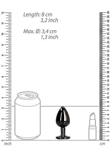 Size comparison chart for Round Gem Butt Plug Medium Gunmetal Diamond next to a can and lip balm.