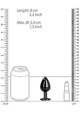 Size comparison chart for Round Gem Butt Plug Medium Gunmetal Diamond next to a can and lip balm.