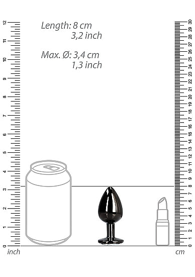 Size comparison chart for Round Gem Butt Plug Medium Gunmetal Diamond next to a can and lip balm.