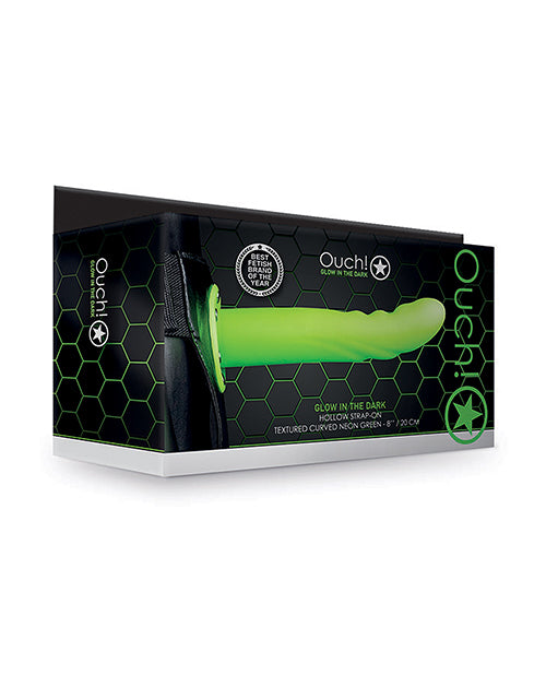 Ouch 8 Inch Textured Curved Hollow Strap On Glow in the Dark packaging featuring a green glow-in-the-dark strap-on.