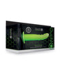 Ouch 8 Inch Textured Curved Hollow Strap On Glow in the Dark packaging featuring a green glow-in-the-dark strap-on.