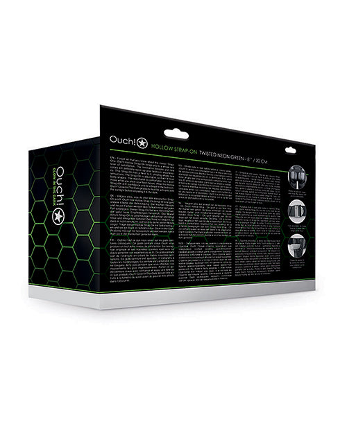 Ouch 8 Inch Textured Curved Hollow Strap On Glow in the Dark packaging with product details and specifications.