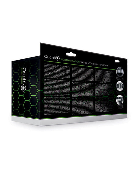 Ouch 8 Inch Textured Curved Hollow Strap On Glow in the Dark packaging with product details and specifications.