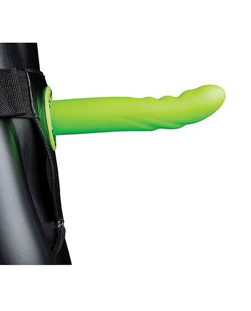 Ouch 8 Inch Textured Curved Hollow Strap On Glow in the Dark in vibrant green color.