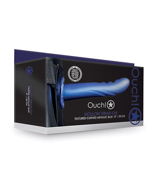 Ouch 8 Inch Curved Hollow Strap On Metallic Blue packaging showcasing its textured design and metallic finish.