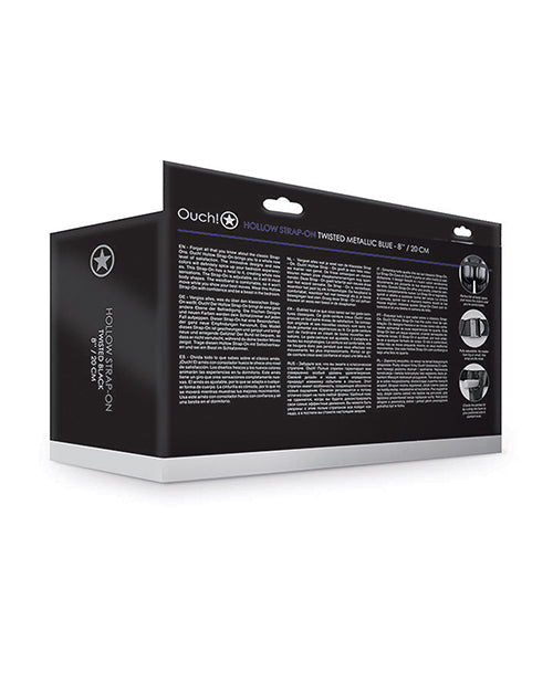 Ouch 8 Inch Curved Hollow Strap On Metallic Blue packaging showcasing product details and instructions.