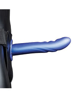Ouch 8 Inch Curved Hollow Strap On Metallic Blue showing curved, textured shaft with a metallic blue finish.