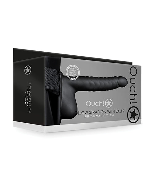 Shots Ouch 8 Inch Ribbed Hollow Strap On with Balls Black packaging showcasing its curved and ribbed design.