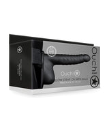 Shots Ouch 8 Inch Ribbed Hollow Strap On with Balls Black packaging showcasing its curved and ribbed design.