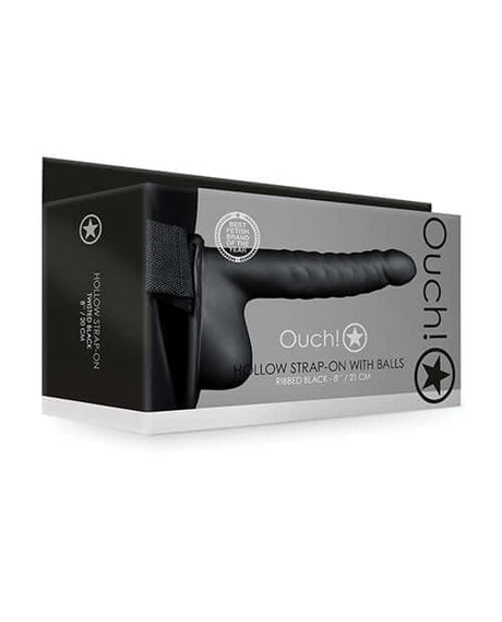 Shots Ouch 8 Inch Ribbed Hollow Strap On with Balls Black packaging showcasing its curved and ribbed design.
