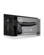 Shots Ouch 8 Inch Ribbed Hollow Strap On with Balls Black packaging showcasing its curved and ribbed design.