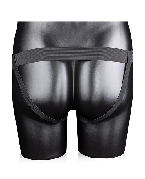 Shots Ouch 8 Inch Ribbed Hollow Strap On with Balls Black displaying rear view on a black mannequin.