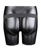 Shots Ouch 8 Inch Ribbed Hollow Strap On with Balls Black displaying rear view on a black mannequin.