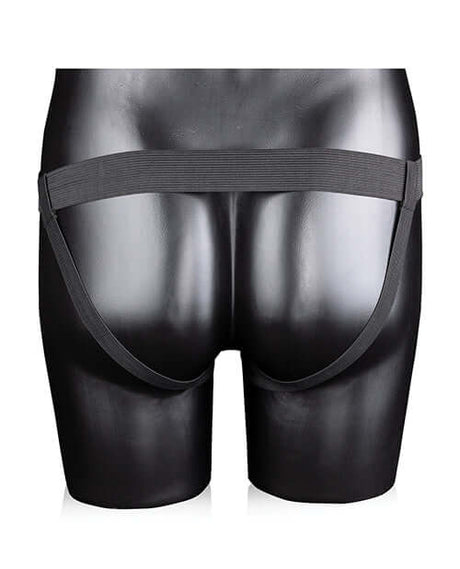 Shots Ouch 8 Inch Ribbed Hollow Strap On with Balls Black displaying rear view on a black mannequin.