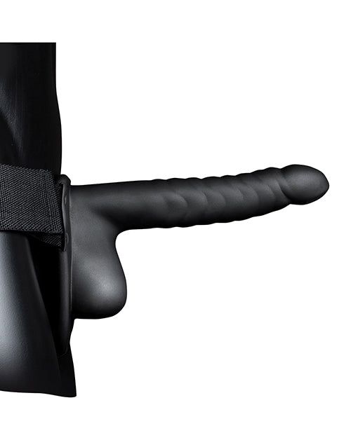 Shots Ouch 8 Inch Ribbed Hollow Strap On with Balls Black showcasing the ribbed design and realistic ball detail.