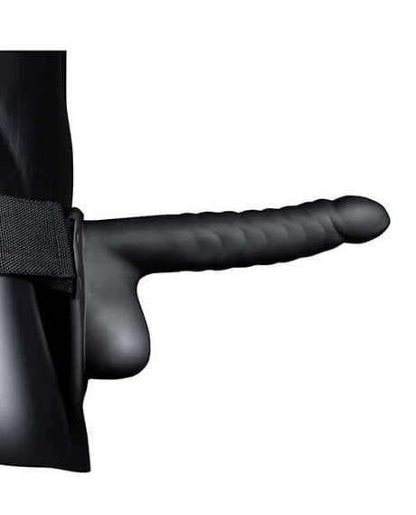 Shots Ouch 8 Inch Ribbed Hollow Strap On with Balls Black showcasing the ribbed design and realistic ball detail.
