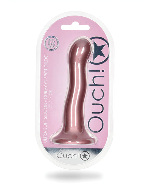 Shots Ouch 7 inch Curvy G-Spot Dildo Rose Gold in packaging, featuring ultra-soft liquid silicone and a curved design.