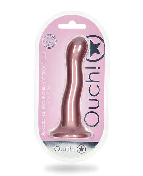 Shots Ouch 7 inch Curvy G-Spot Dildo Rose Gold in packaging, featuring ultra-soft liquid silicone and a curved design.