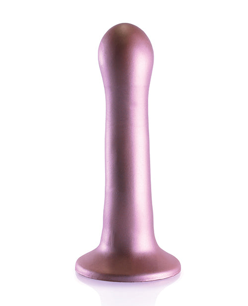 Shots Ouch 7 inch Curvy G-Spot Dildo Rose Gold on a white background.