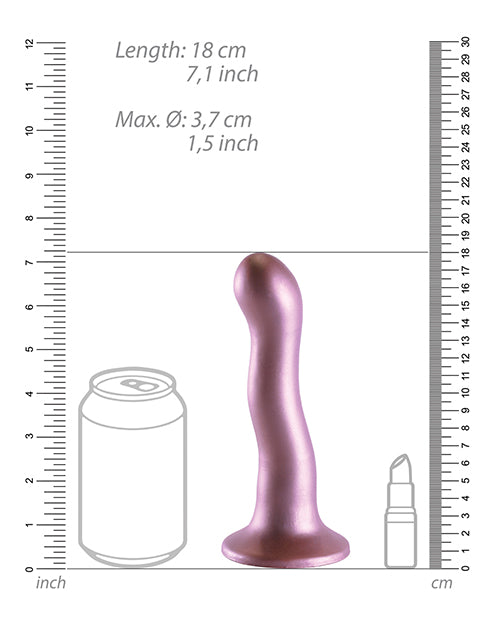Shots Ouch 7 inch Curvy G-Spot Dildo Rose Gold measurements with can for size reference.