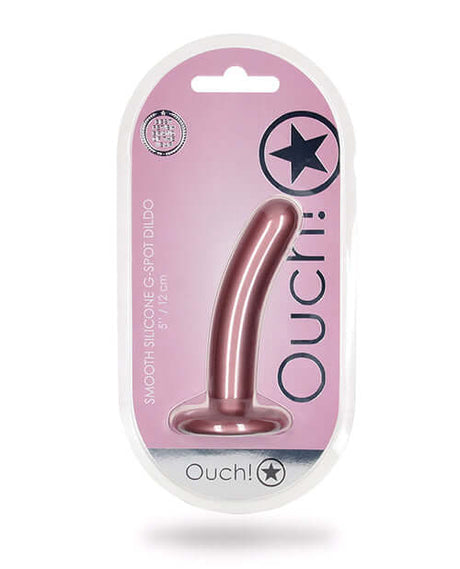 Shots Ouch 5 inch Smooth G-Spot Dildo Rose Gold packaging displaying sleek design and G-spot targeting features.