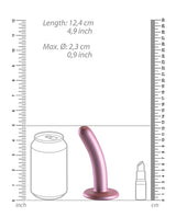Shots Ouch 5 inch Smooth G-Spot Dildo Rose Gold with size comparison to a can and lipstick.