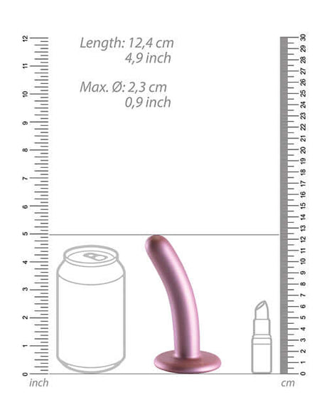 Shots Ouch 5 inch Smooth G-Spot Dildo Rose Gold with size comparison to a can and lipstick.