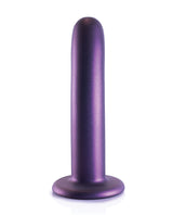 Shots Ouch 6 inch Smooth G-Spot Dildo Metallic Purple on a white background.