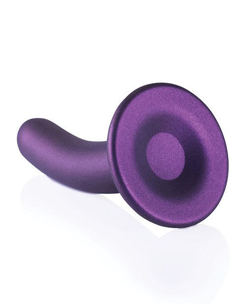 Shots Ouch 6 inch Smooth G-Spot Dildo Metallic Purple displayed at an angle showcasing its curved design and sleek surface.
