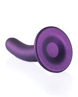 Shots Ouch 6 inch Smooth G-Spot Dildo Metallic Purple displayed at an angle showcasing its curved design and sleek surface.