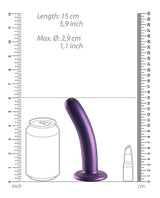 Shots Ouch 6 inch Smooth G-Spot Dildo Metallic Purple dimensions comparison with a can and a small bottle.