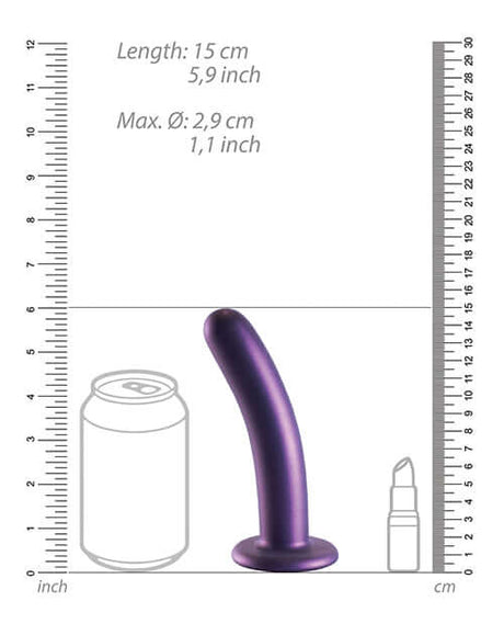 Shots Ouch 6 inch Smooth G-Spot Dildo Metallic Purple dimensions comparison with a can and a small bottle.