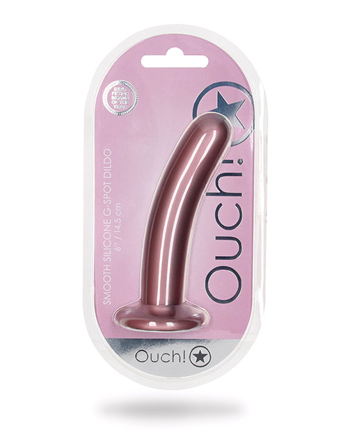 Shots Ouch 6 inch Smooth G-Spot Dildo Rose Gold packaging showcasing sleek silicone design