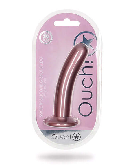 Shots Ouch 6 inch Smooth G-Spot Dildo Rose Gold packaging showcasing sleek silicone design