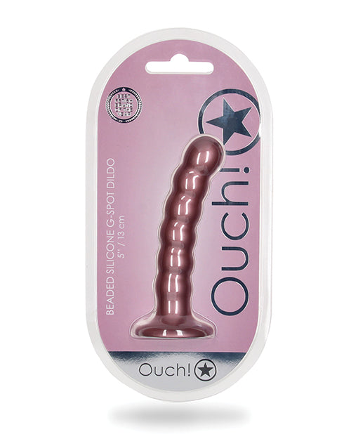 Shots Ouch 5 inch Beaded G-Spot Dildo Rose Gold in packaging, showcasing its beaded design and elegant color.