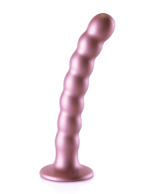 Shots Ouch 6.5 inch Beaded G-Spot Dildo Rose Gold on a white background showcasing its elegant design and textured beads.