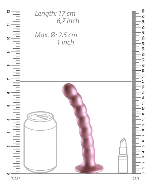 Shots Ouch 6.5 inch Beaded G-Spot Dildo Rose Gold with size comparison against a can and lipstick.